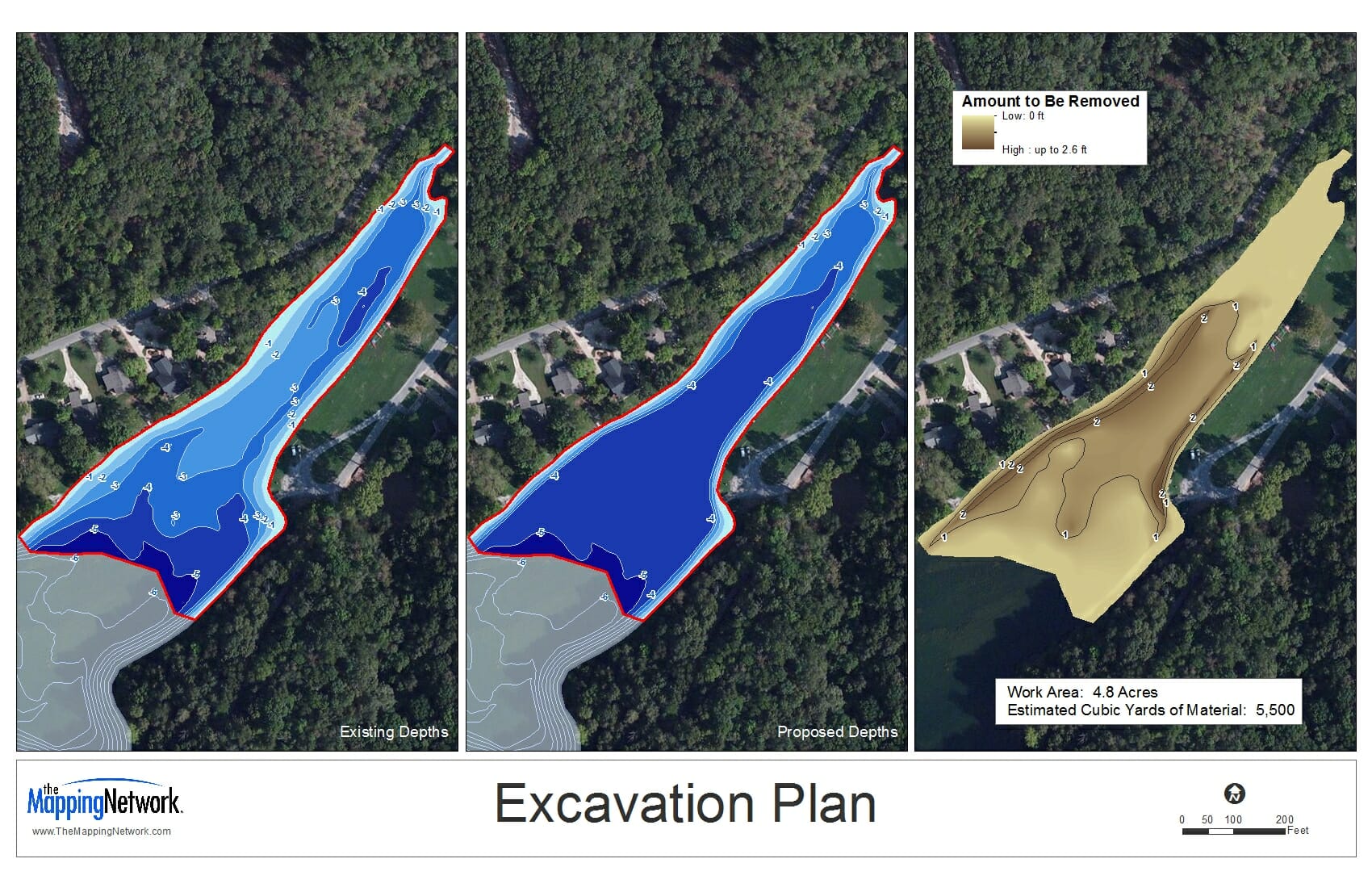SedimentCoveRamp In the maps abover, the HOA needed the depths of the cove to be a minimum of 4 foot for boat access. Mapping Network located the areas where the current depth was less than four feet, which was the dredging zone. The Mapping Network calculated the dredging area and volume. The current lake bathymetry (left) and the post-dredge contours (middle)are shown in blue shading. A cut-fill model (right) shows areas of cut needed to reach the goal.