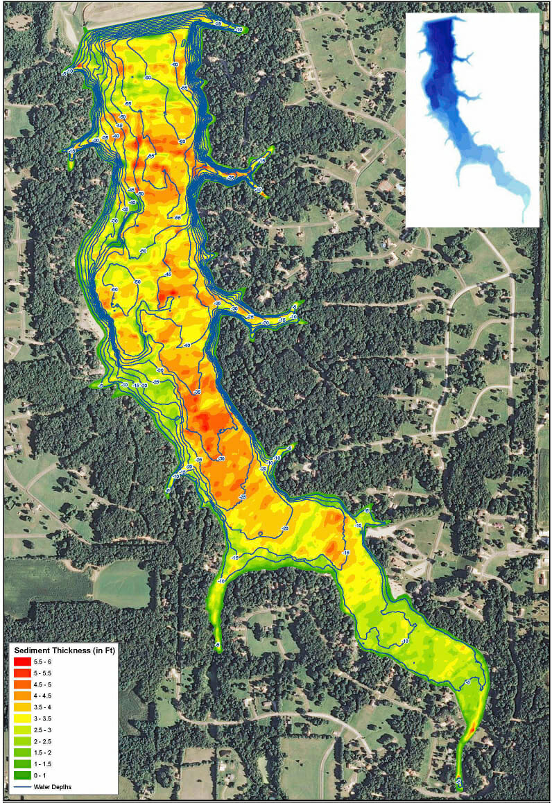 sediment distribution The Mapping Network surveyed the bottom of the lake including the sediment depths. This map shows the lake water depth as blue contours lines as well as a color shaded sediment thickness. This specialized technology allows the POA to easily locate problem areas.