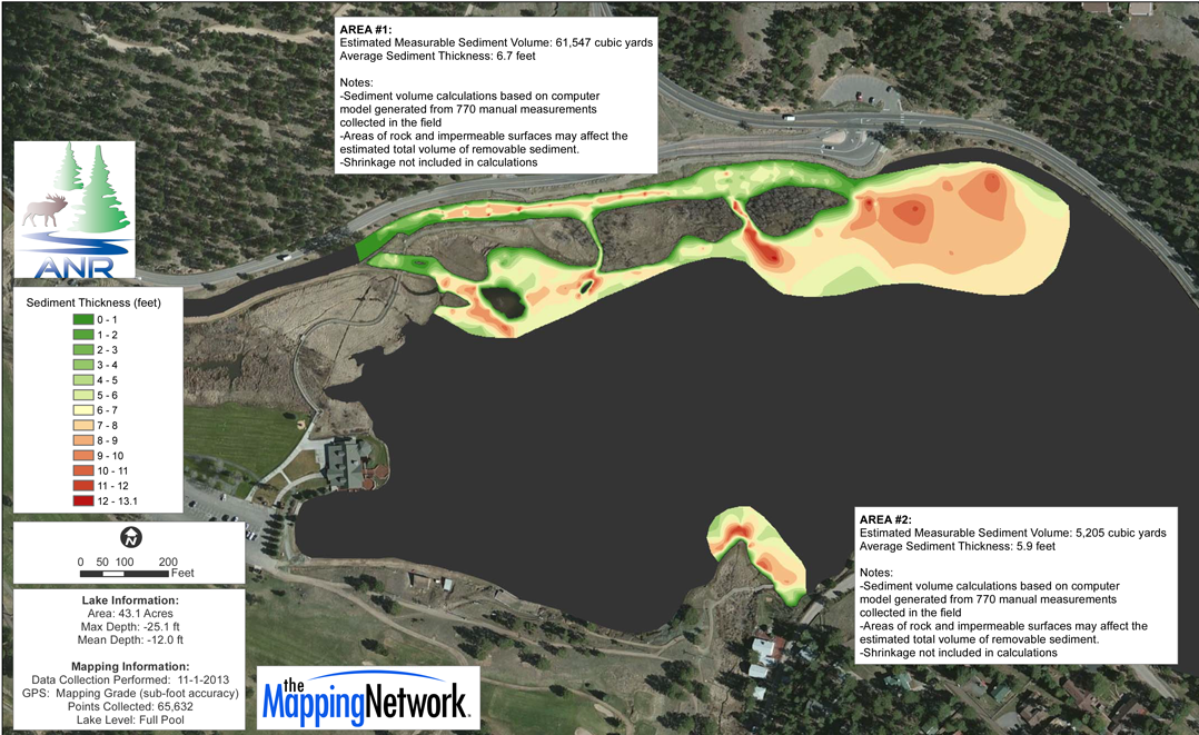 Map showing sediment thickness in the two inlets to the lake.