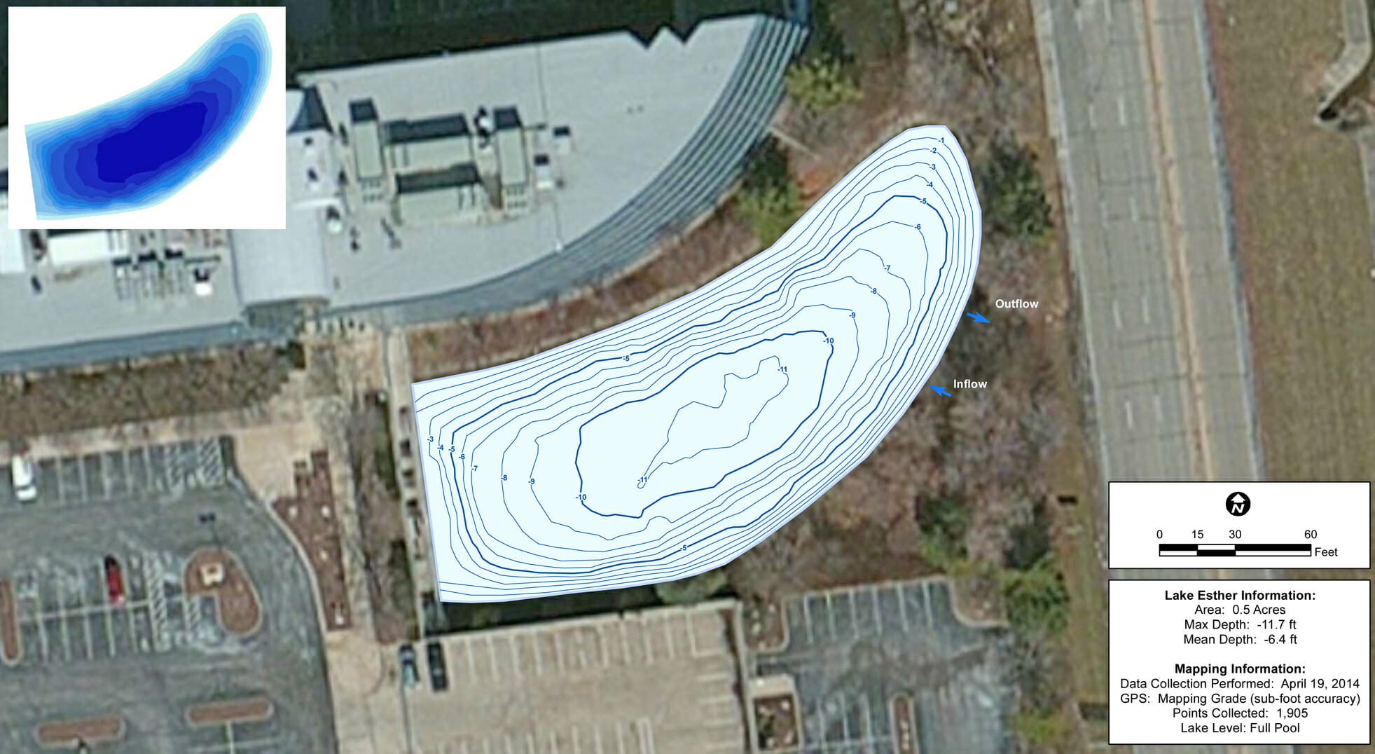 One foot Contour lines showing depth of the pond. Inflow and Outflow are noted.