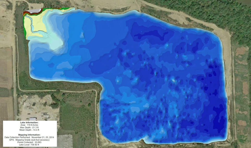 3D shaded water depths of a sand pit.