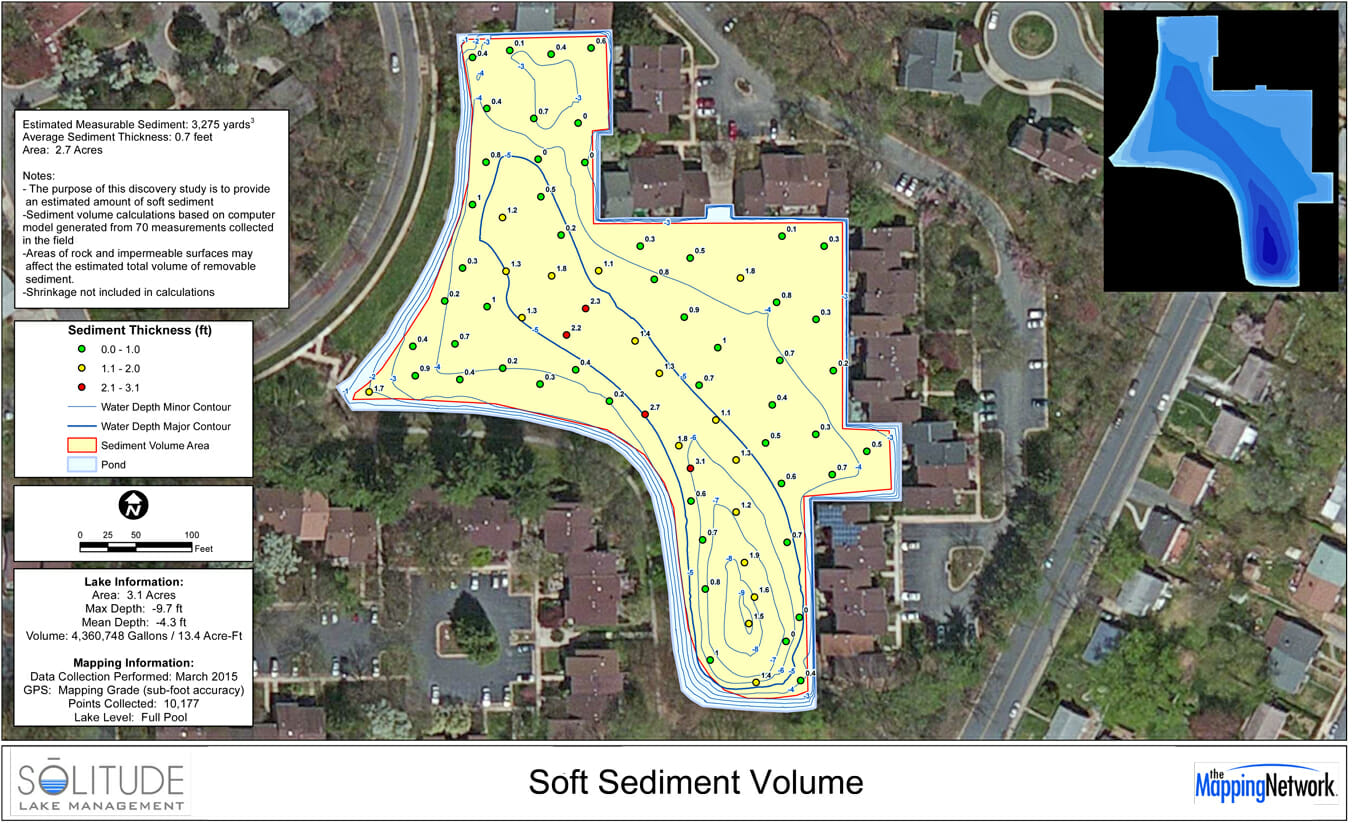 Sediment Thickness measurements shown along with water depth contours.
