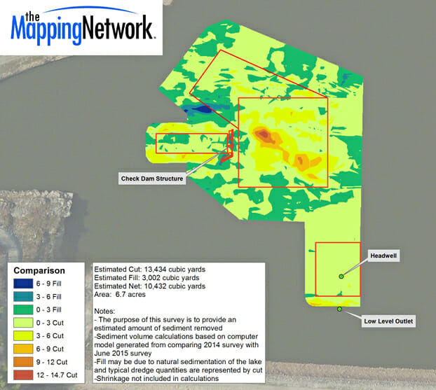Dredge status map showing areas where material has been removed and area still needing to be excavated