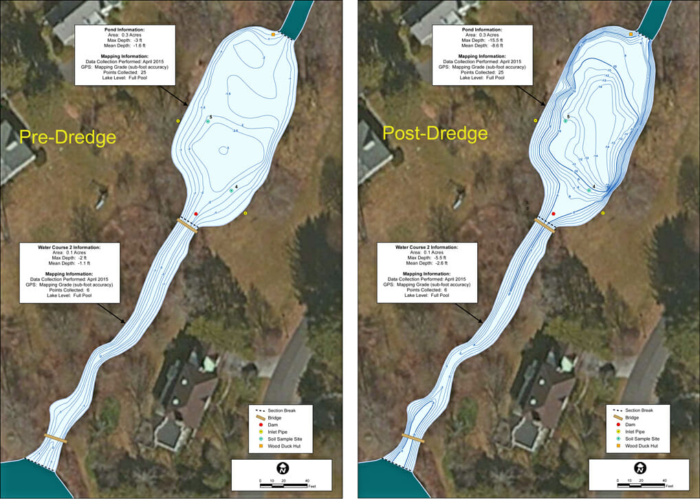 The map on the left shows the current water depths in the pond. The map on the right shows what the pond will look like once the soft sediment is removed
